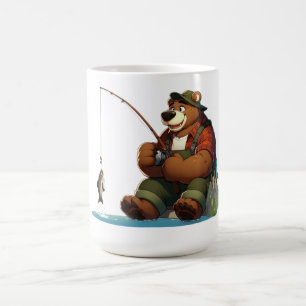 Söt, utomhusman björn fiskar kaffemugg