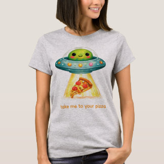 Söt utomjording som kidnappar pizza Roligt UFO för T Shirt