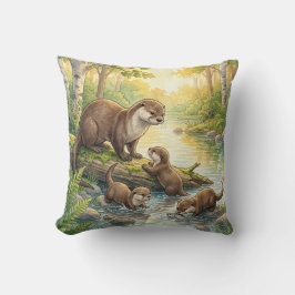 Söt utter och ungar Flod- och sjö djur Kudde