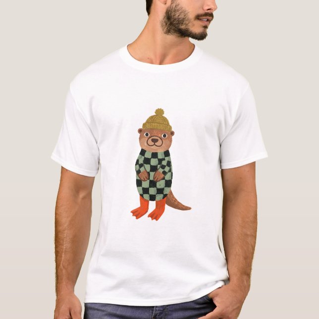 Söt utter T-shirt – stickad mössa design (Framsida)