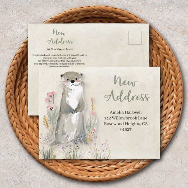 Söt utter vildblomma Ny adress Flyttar Vykort (Change of Address card. Watercolor cute otter with wild flowers. Share with family and friends. )