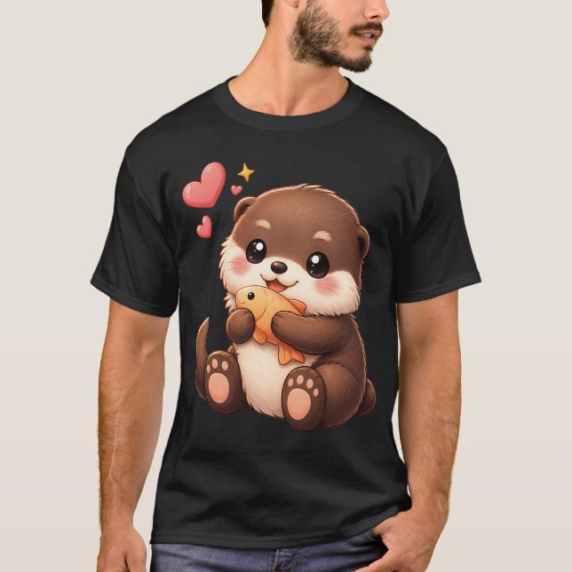 Söt utterbaby som håller fisk t shirt (Framsida)