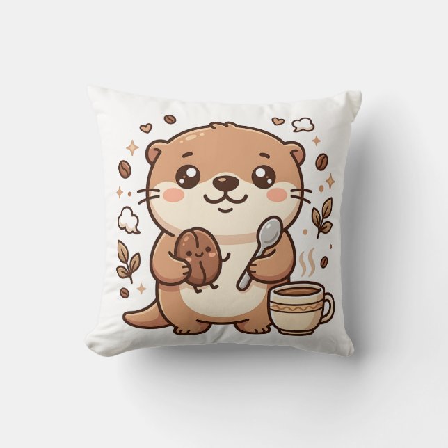Söt utterböna & sked Kawaii kaffedekorativ P Kudde (Framsida)