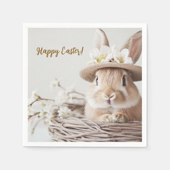 Söt, vacker bunny i en hatt i basket pappersservett (Framsidan)