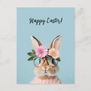 Söt, vacker bunny med blommor och glas helg vykort