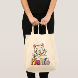 Söt vågande katt hello färgrik retro-toteväska tygkasse