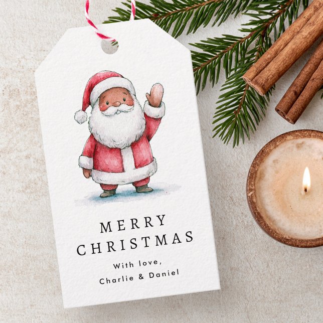 Söt vågande tomteillustration God Jul Presentetikett (Cute waving Santa illustration Merry Christmas Gift Tags)