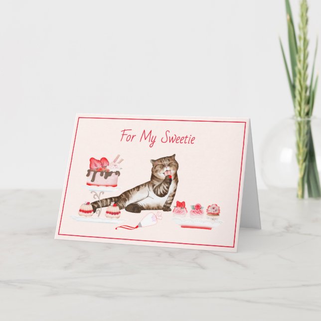 Söt valentin katt med bakelser och tårtor kort (Framsida)