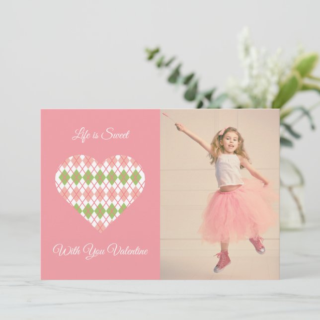 Söt valentinargylehjärta rosa och grön (rosa) julkort (Stående Fram)