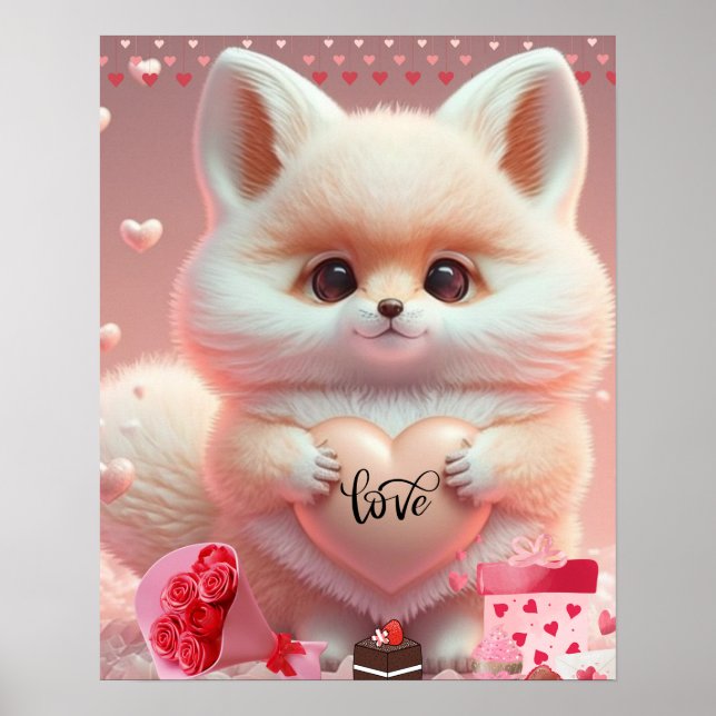 Söt valentinsdag orange räv som håller i hjärta Kä Poster (Framsidan)