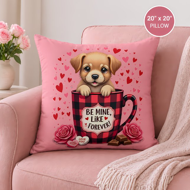 Söt Valp Alla Hjärtans Dag Buffalo Rutig Estetik Kudde (Cute Puppy Valentine Buffalo Plaid Aesthetic Throw Pillow)