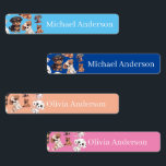 Söt Valp Barn Namn Klistermärke<br><div class="desc">En söt valpmönsterdesign för klädetiketter med vattenfärgillustrationer av olika hundraser som Dalmatiner, Tysk Schäferhund, Bulldogg, Pug, Pudel, Spaniel. All text kan ändras så att du kan använda upp till 4 olika namn i handskriven typografi. Om du vill ändra typsnitt, färg eller storlek klickar du för att anpassa ytterligare och redigera...</div>