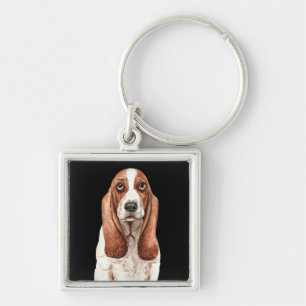 Söt valp Basset Hound akvarell Fyrkantig Silverfärgad Nyckelring