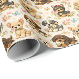 Söt Valp Blommig Fjäril Presentpapper