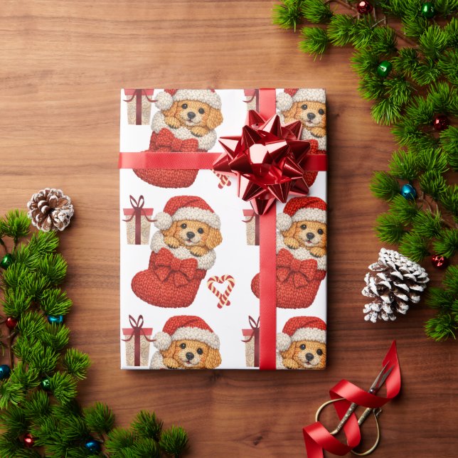 Söt valp i julstrumpa  presentpapper (Julgåva)