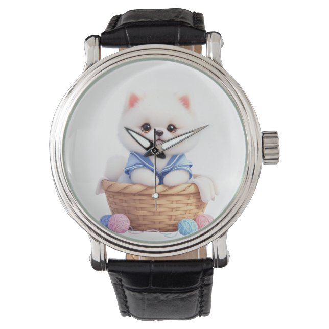 Söt valp i korg eWatch Klocka (Framsida)