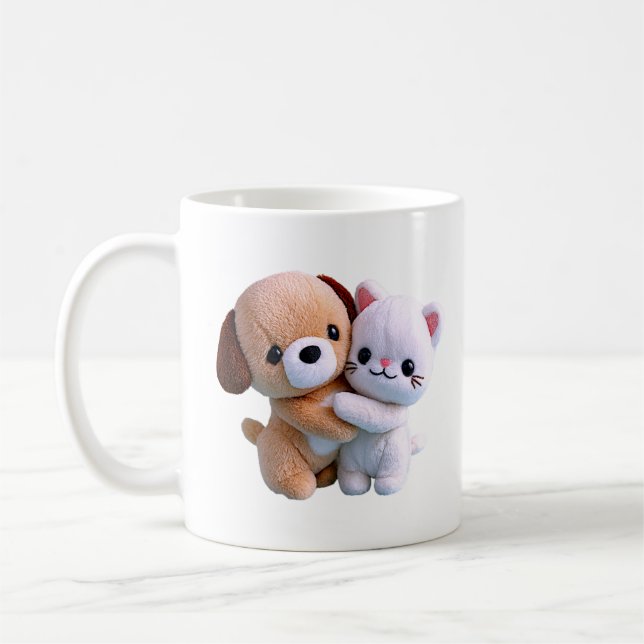 Söt valp kattunge kram illustration kaffemugg (Vänster)