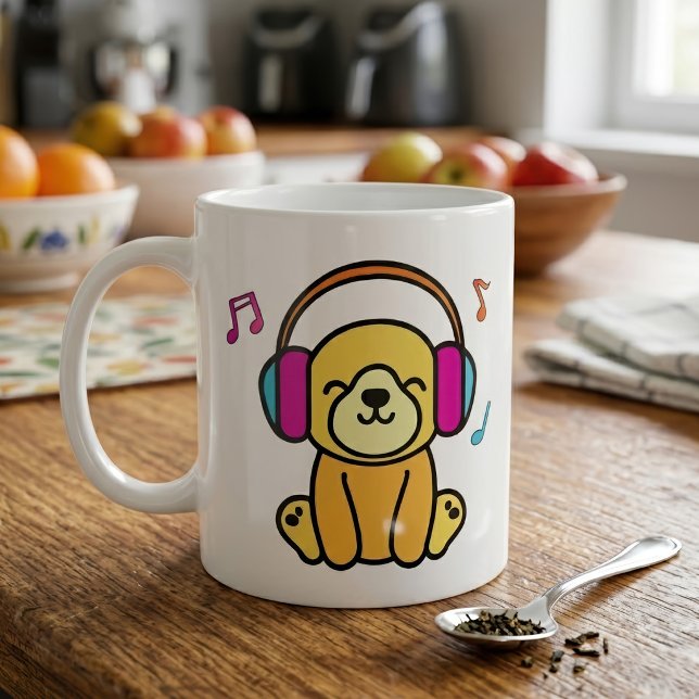Söt valp ler med färgglada hörlurar kaffemugg (Kawaii Dog Puppy Smiling with Colorful Headphones. Coffee Mug)
