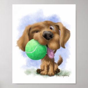 Söt valp med tennisboll tecknad poster