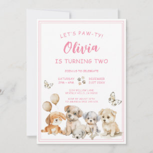 Söt Valp Pawty Hund Rosa Flicktema Födelsedagsfest Inbjudningar