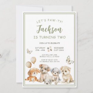 Söt Valp Pawty Hund Sälggrön Pojkfödelsedagsfest Inbjudningar