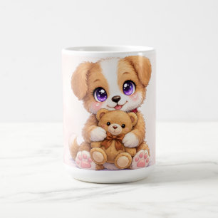 Söt valp som håller teddybjörn-mugg kaffemugg