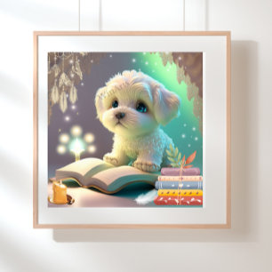 Söt valp som läser en bok Nursery Art Poster