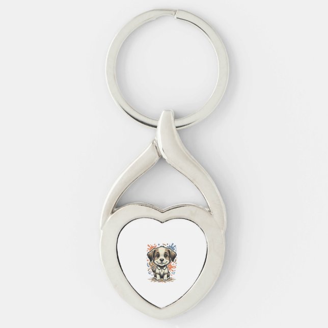 Söt Valp Splash Gravyr Vektor Design_1 Twisted Heart Silverfärgad Nyckelring (Framsidan)