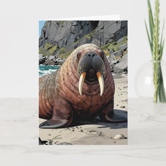 Söt valross på en sandstrand | Grattis på födelsed Kort (Framsida)