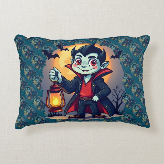 Söt vampyr med lykta Kawaii Halloween Prydnadskudde (Framsidan)