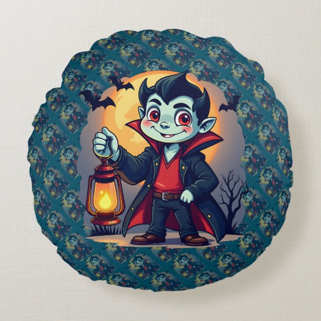 Söt vampyr med lykta Kawaii Halloween Rund Kudde (Framsidan)