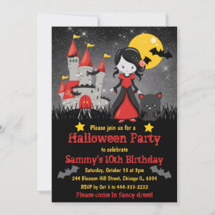 Söt vampyrflicka och slott Halloween födelsedag Inbjudningar