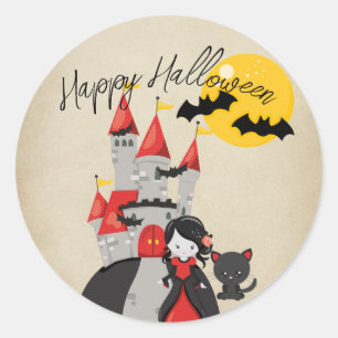 Söt vampyrflicka och spökande slott Halloween Runt Klistermärke