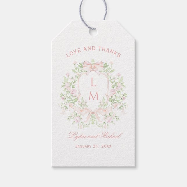 Söt Vapensköld med  Rosa Bows | Monogram Bröllop Presentetikett (Framsidan)