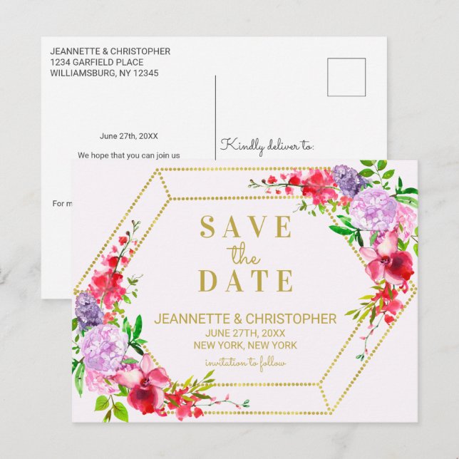 Söt Vår Blommigt Guld Geometric Save Date Meddelande Vykort (Fram/baksida)