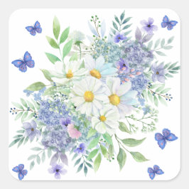 Söt Vår Daisy, Blåa blommor och fjärilar Fyrkantigt Klistermärke