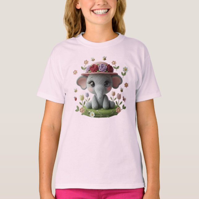 Söt vår elefant virkad stil  t shirt (Framsida)