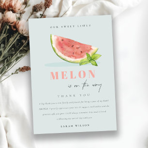 Söt vår lilla melon vattenfärg blå baby shower tack kort