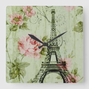 söt vår mynta rosa blommigt paris eiffel torn fyrkantig klocka