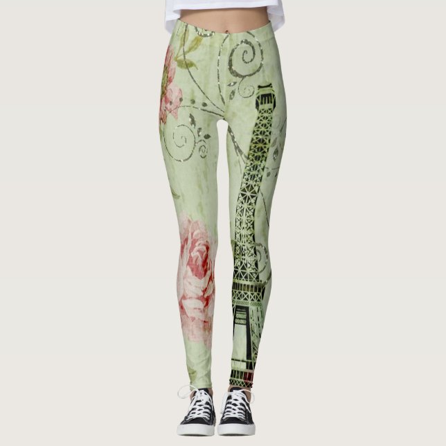 söt vår mynta rosa blommigt paris eiffel torn leggings (Framsida)