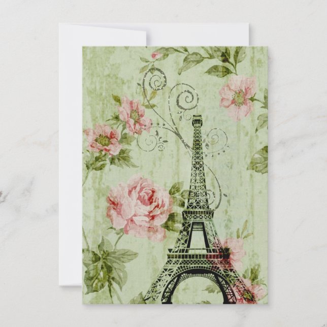 söt vår mynta rosa blommigt paris eiffel torn tack kort (Framsida)