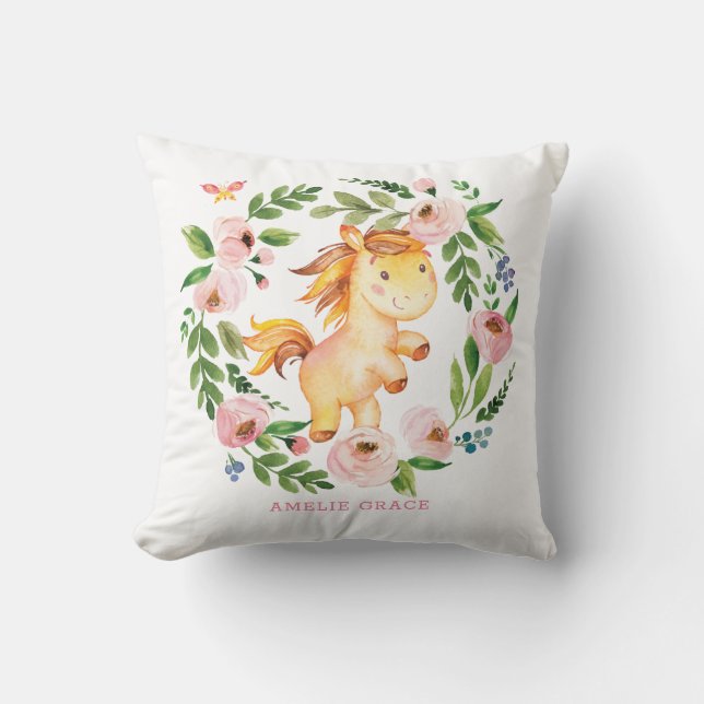 Söt Vår Pony  Blommigt Greenery Flicka Kudde (Framsida)