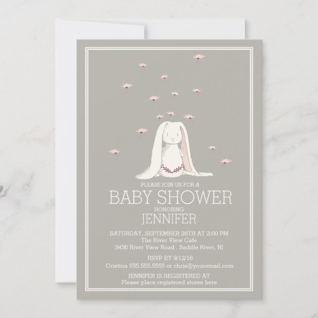 Söt Vår Rosa Girl Bunny Baby Shower Inbjudningar (Framsida)