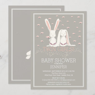 Söt Vår Rosa TWIN Girls Bunny Baby Shower Inbjudningar