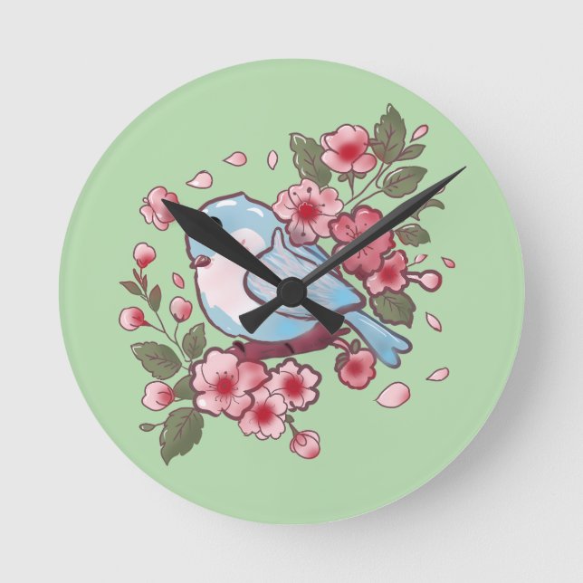 Söt vårblåfågel & körsbärsblomstervattenfärg A Rund Klocka (Framsida)