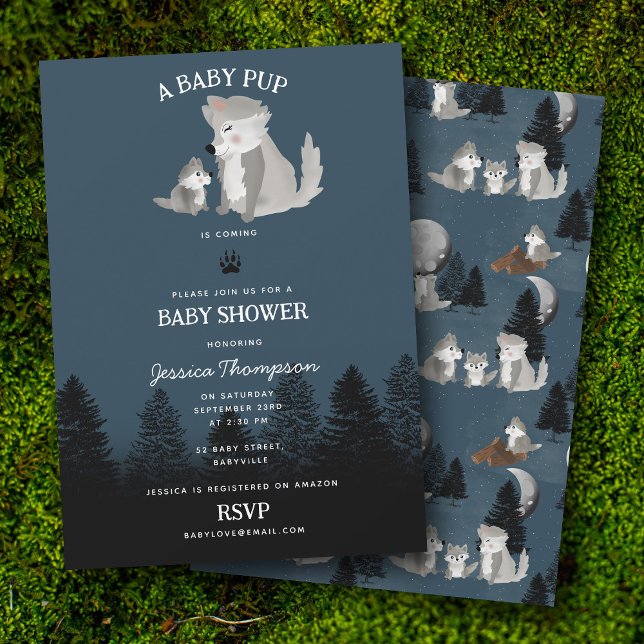 Söt vargbabyvalp och mamma Skogsbarnkalas Inbjudningar (Cute Wolf Baby Pup and Mom Woodland Baby Shower Invitation)