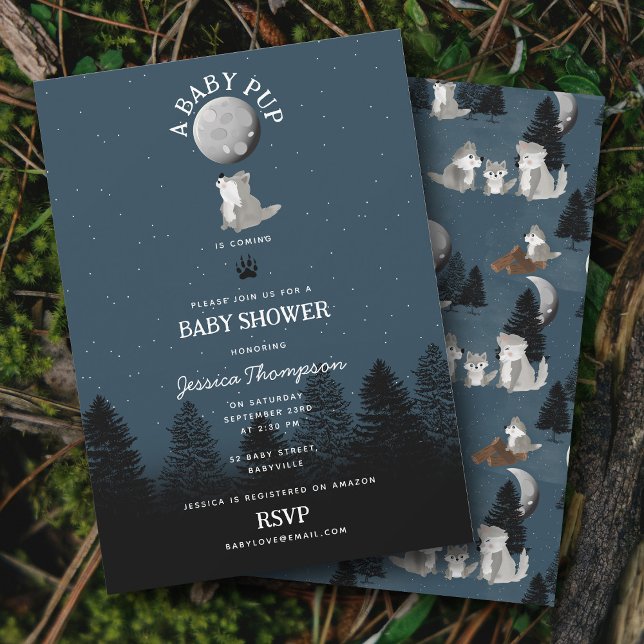 Söt vargbabyvalp och mamma Skogsbarnkalas Inbjudningar (Cute Wolf Baby Pup and Mom Woodland Baby Shower Invitation)