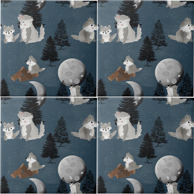 Söt vargflock skogsnatt himmel måne kakelplatta (Cute Wolf Pack Woodland Night Sky Moon Ceramic Tile)