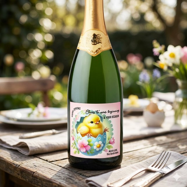 Söt vårkyckling i akvarell Nya början (Cute spring wine label with watercolor chick and egg - Easter - babyshower - birthday - new home)
