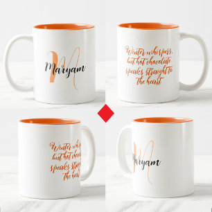 Söt varm choklad-mugg med namn & initial & citat Två-Tonad mugg